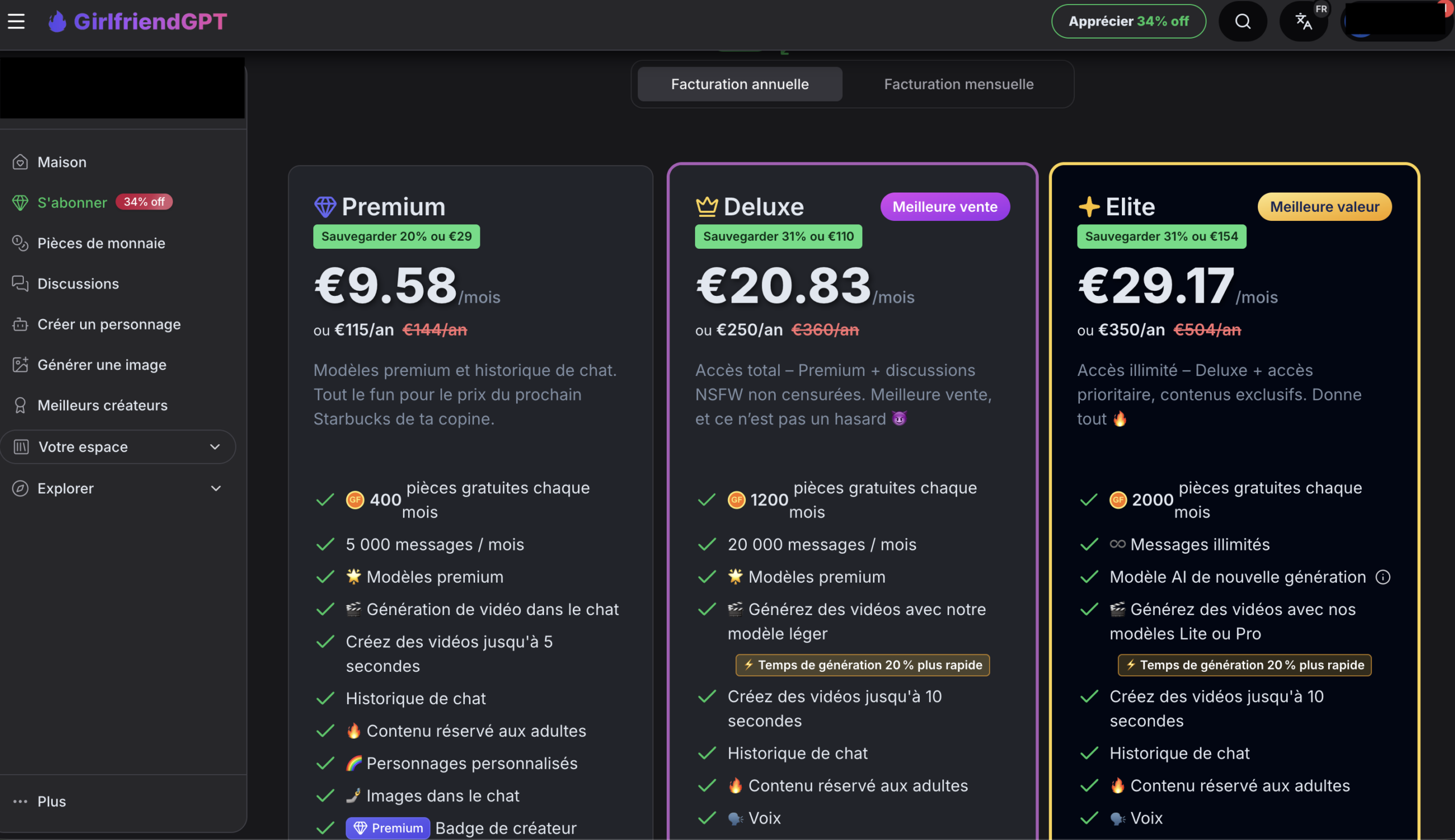 Prix GirlfriendGPT Premium, Deluxe et Elite avec les messages et les pièces incluses