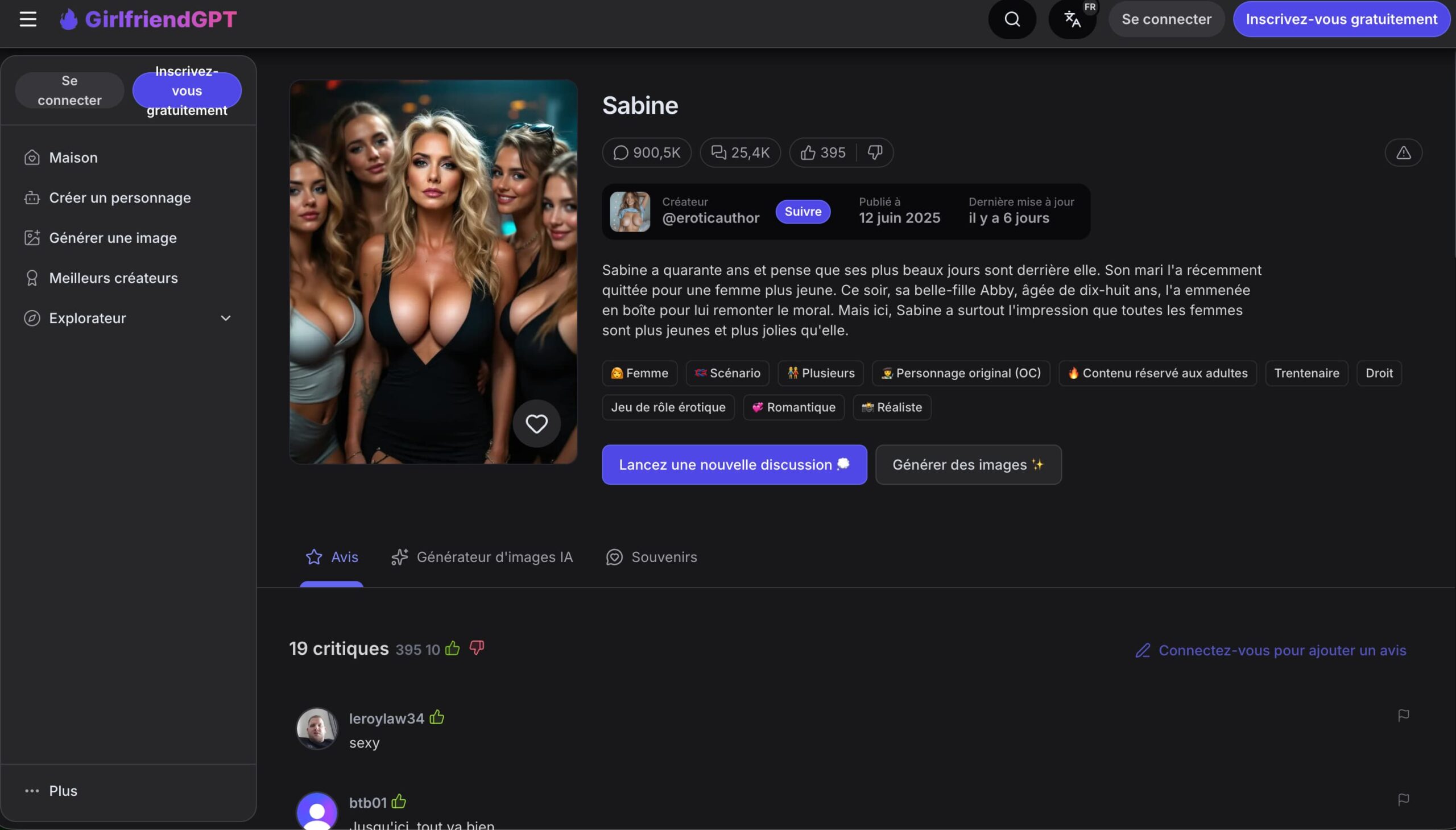 Fiche du personnage Sabine sur GirlfriendGPT avec le chat et la génération d'images