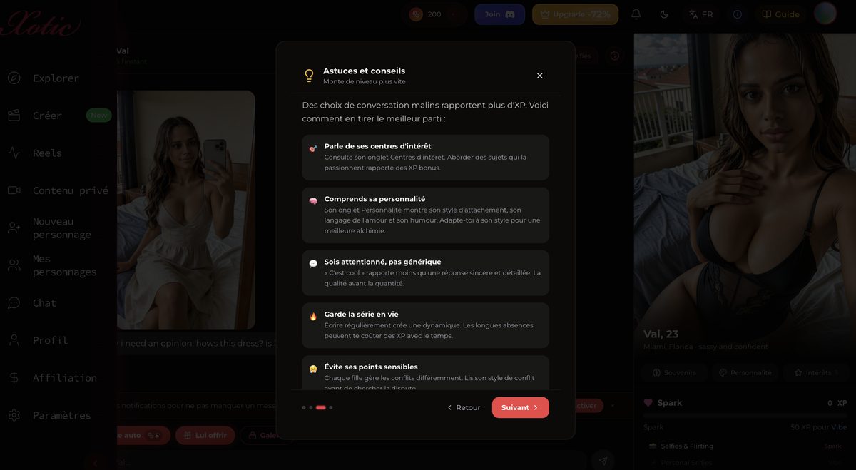 Conseils de progression de la relation virtuelle sur Xotic AI