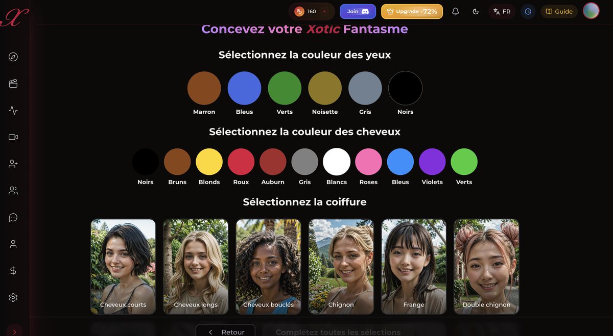 Choix de la couleur des yeux, des cheveux et de la coiffure dans le créateur Xotic AI