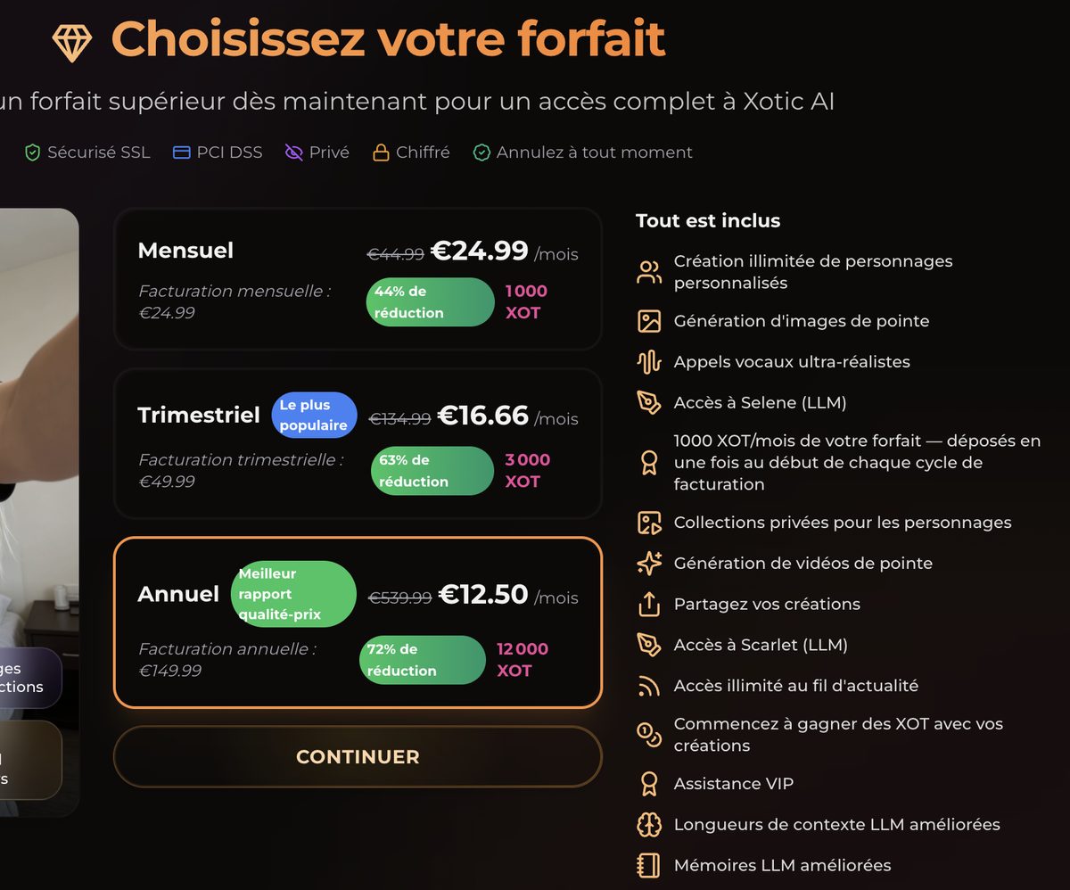 Tarifs mensuel, trimestriel et annuel de Xotic AI avec les XOT inclus