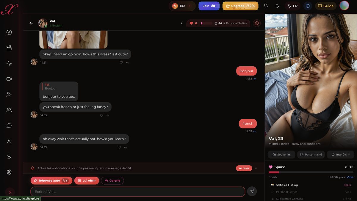 Test du chat en français avec le personnage Val sur Xotic AI