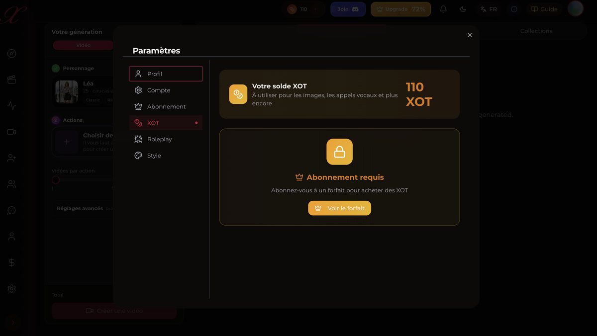 Écran XOT indiquant qu'un abonnement est requis pour acheter des crédits sur Xotic AI