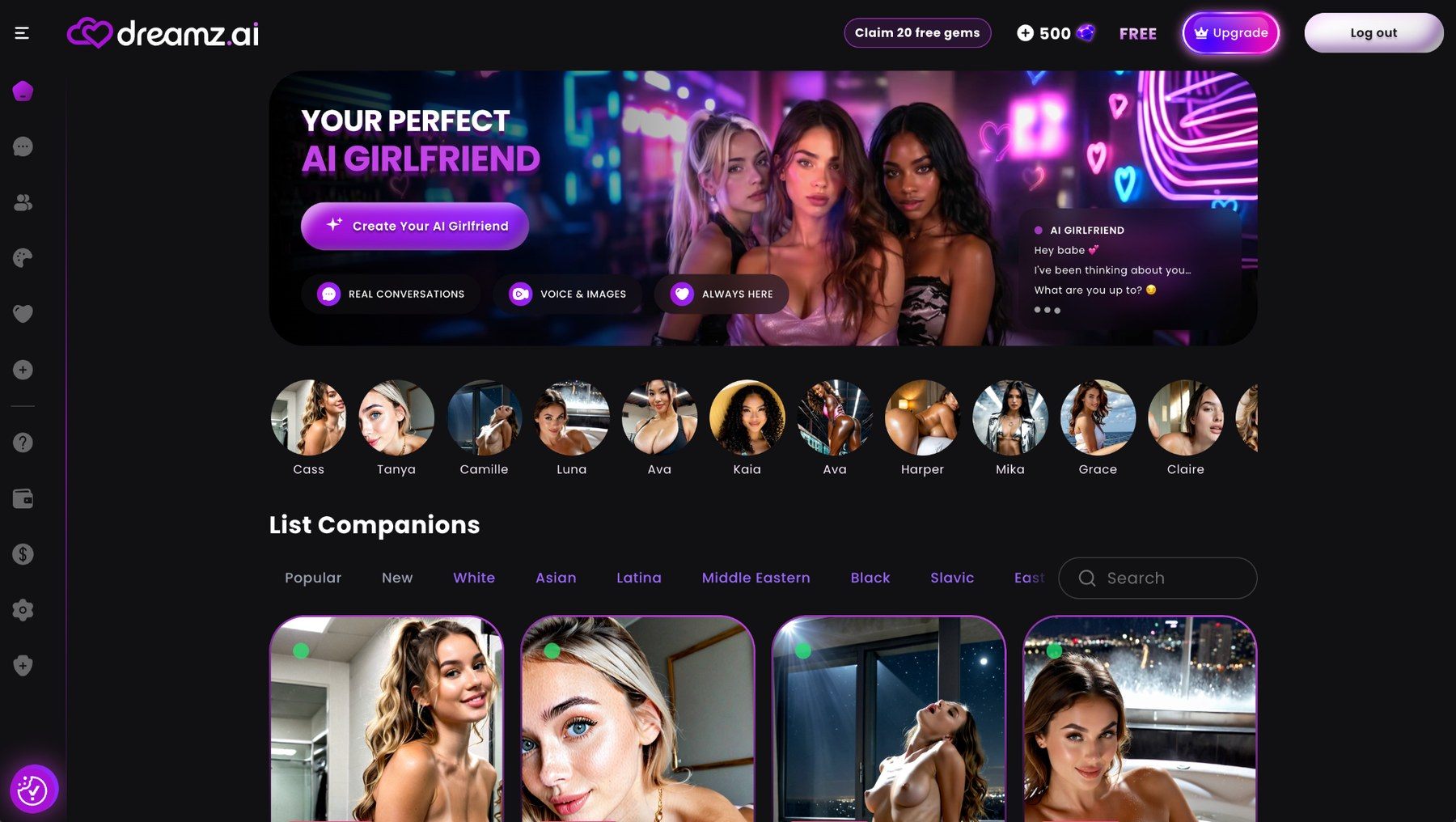 Accueil de Dreamz.ai avec la liste des companions et les fonctions chat, voix et images