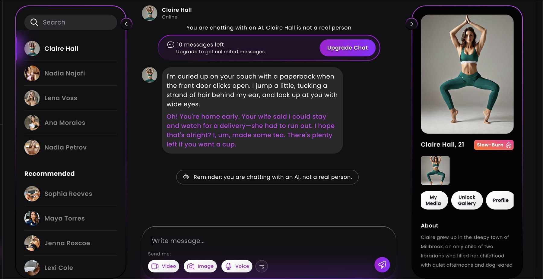 Chat Dreamz.ai avec Claire Hall affichant 10 messages restants