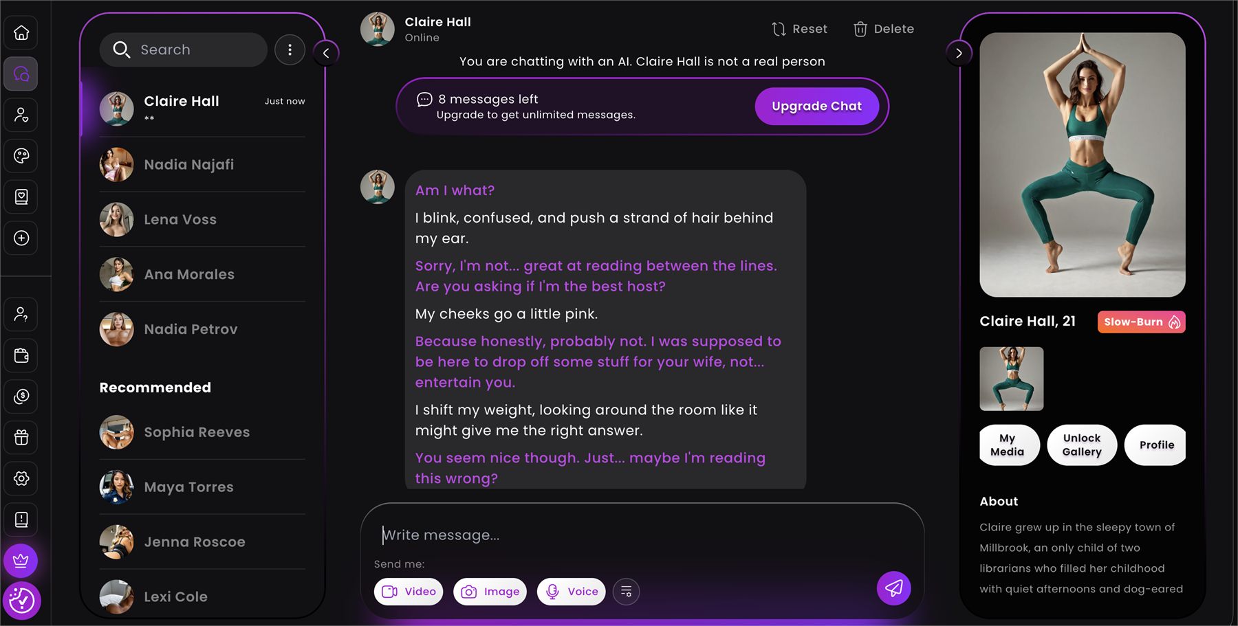 Roleplay en anglais avec Claire Hall sur Dreamz.ai, narration et dialogue