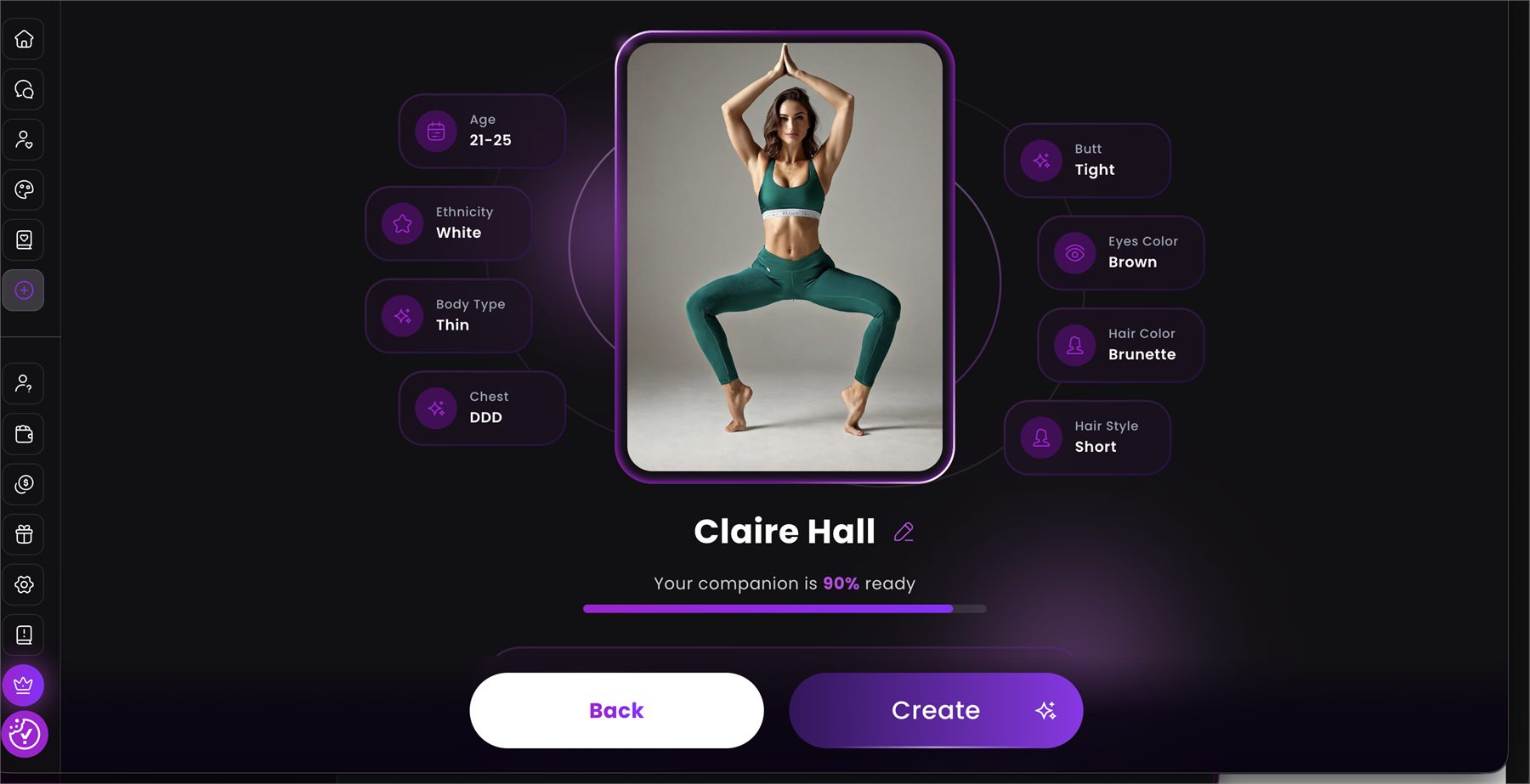 Création du personnage Claire Hall affichée à 90 % sur Dreamz.ai