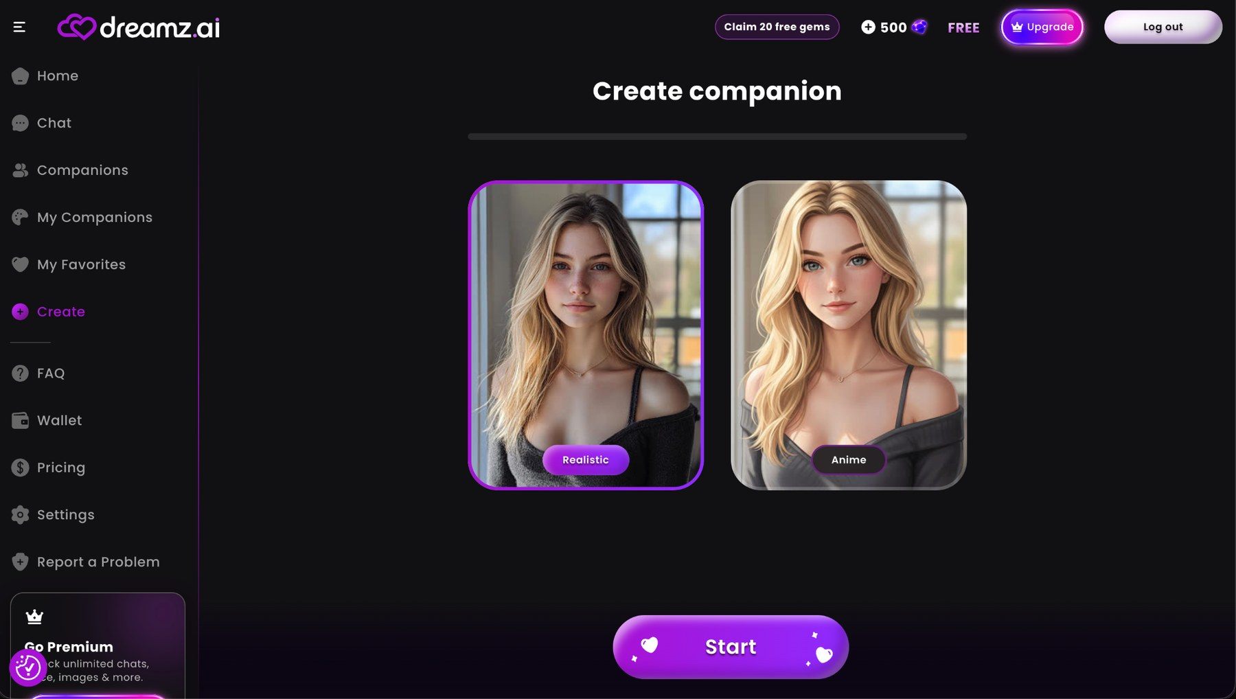 Création de companion Dreamz.ai avec choix entre un style réaliste et un style anime