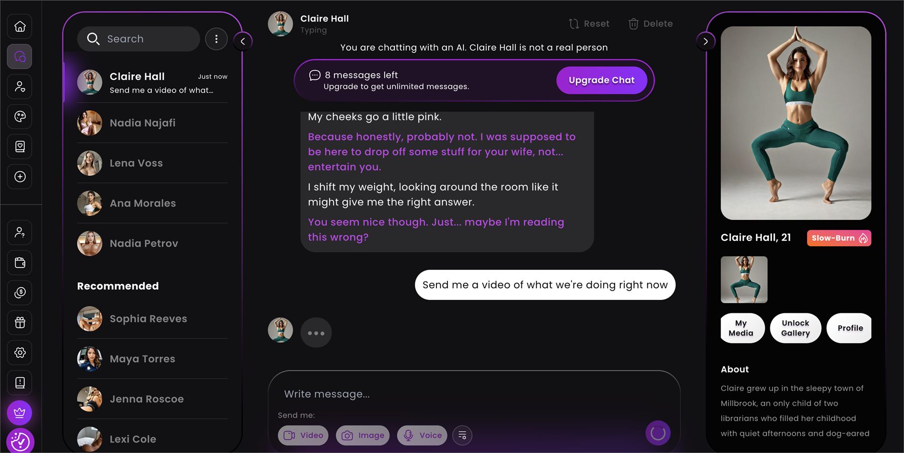 Demande de vidéo envoyée dans le chat Dreamz.ai avec huit messages restants