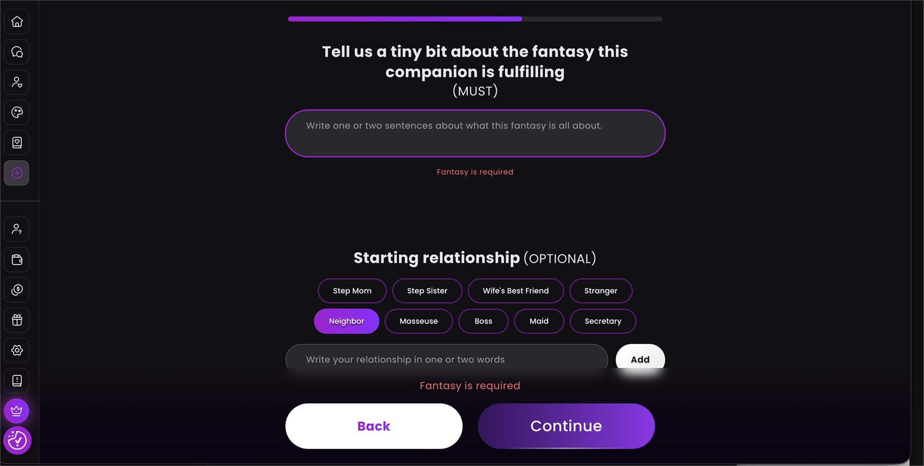 Choix de la fantaisie obligatoire et de la relation de départ du personnage Dreamz.ai