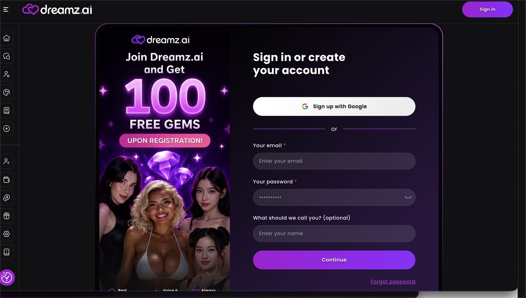 Inscription Dreamz.ai annonçant 100 gems gratuites avec Google ou email