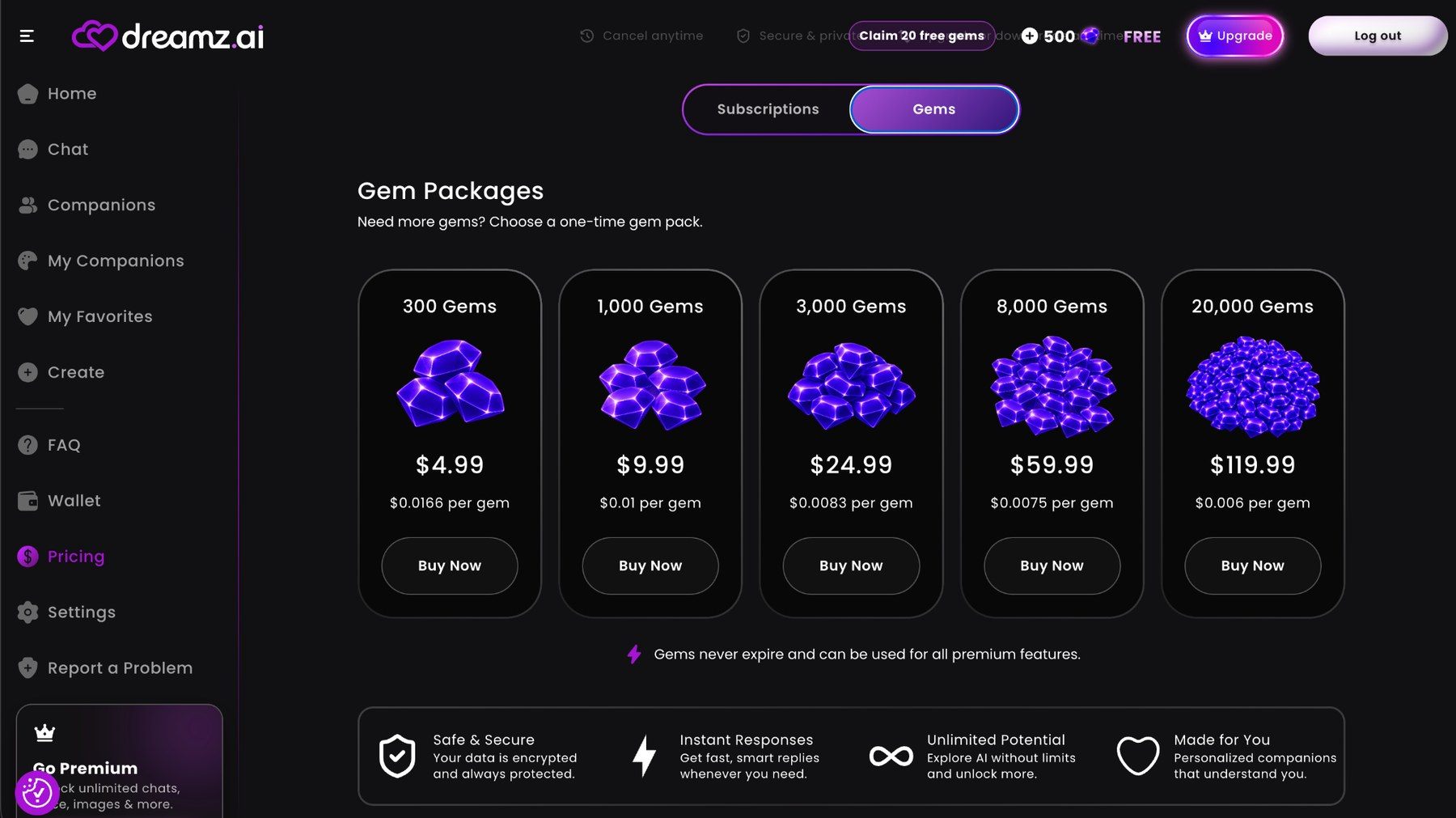 Packs de gems Dreamz.ai de 300 à 20 000 gems avec leurs prix