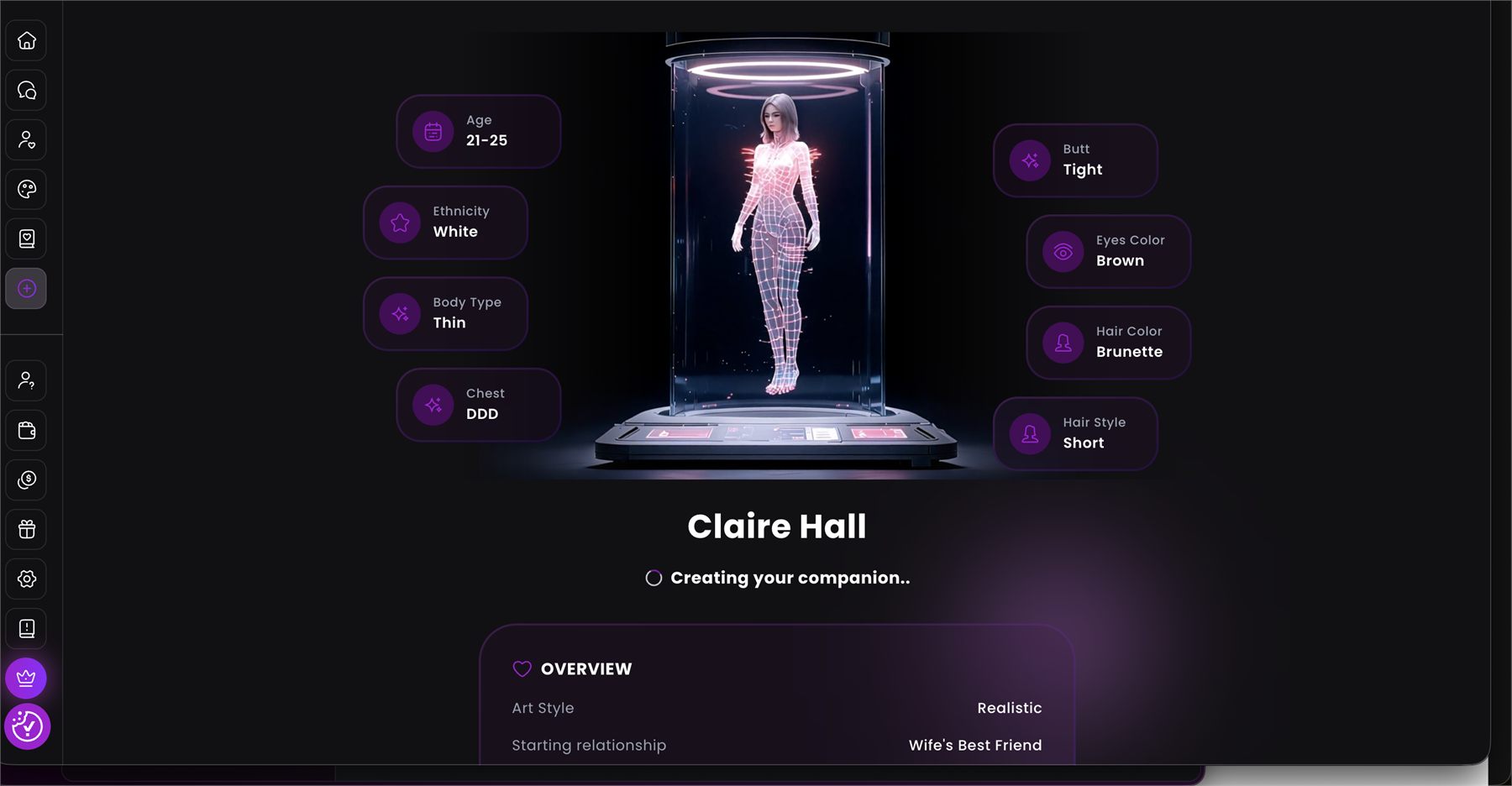 Résumé des caractéristiques de Claire Hall créées sur Dreamz.ai