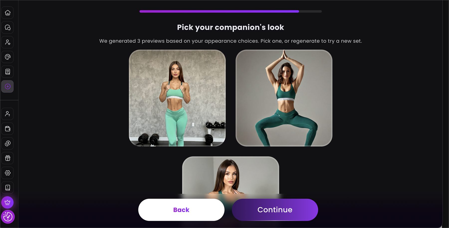 Trois aperçus générés du personnage à sélectionner ou régénérer sur Dreamz.ai