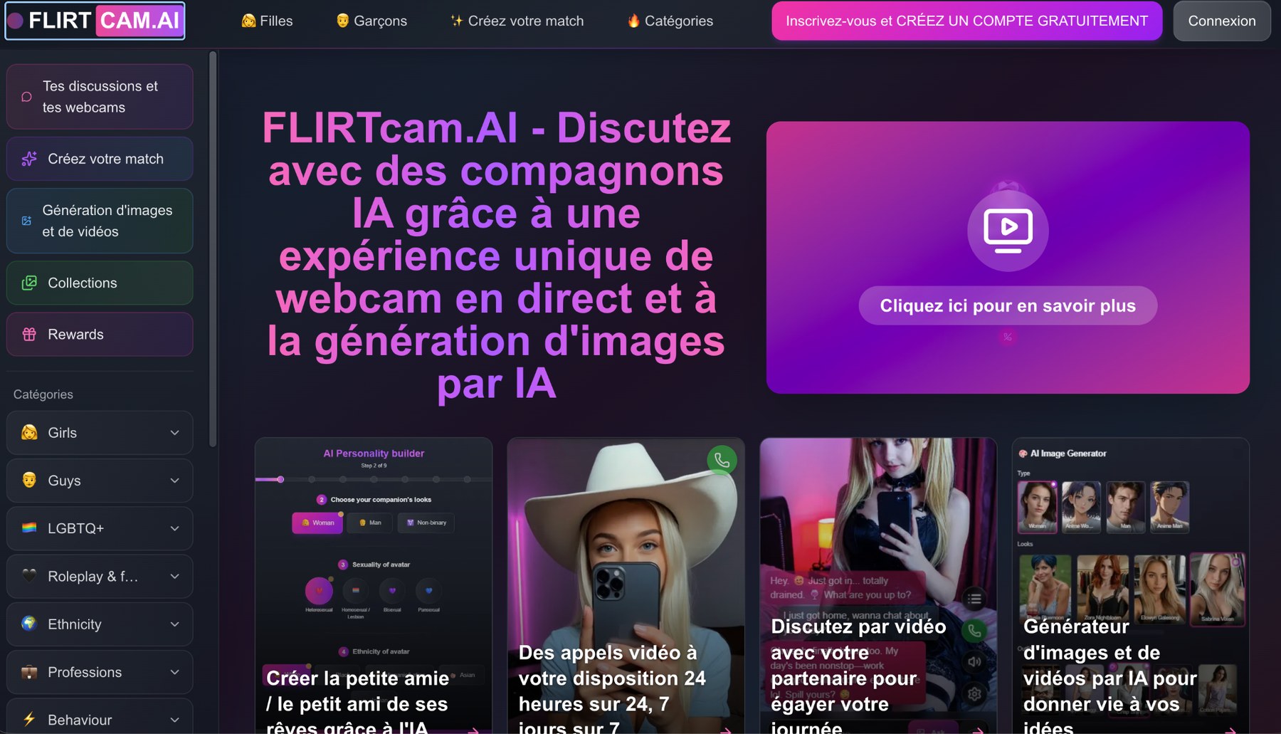 Accueil de FLIRTcam.AI avec son positionnement webcam IA et la génération d'images