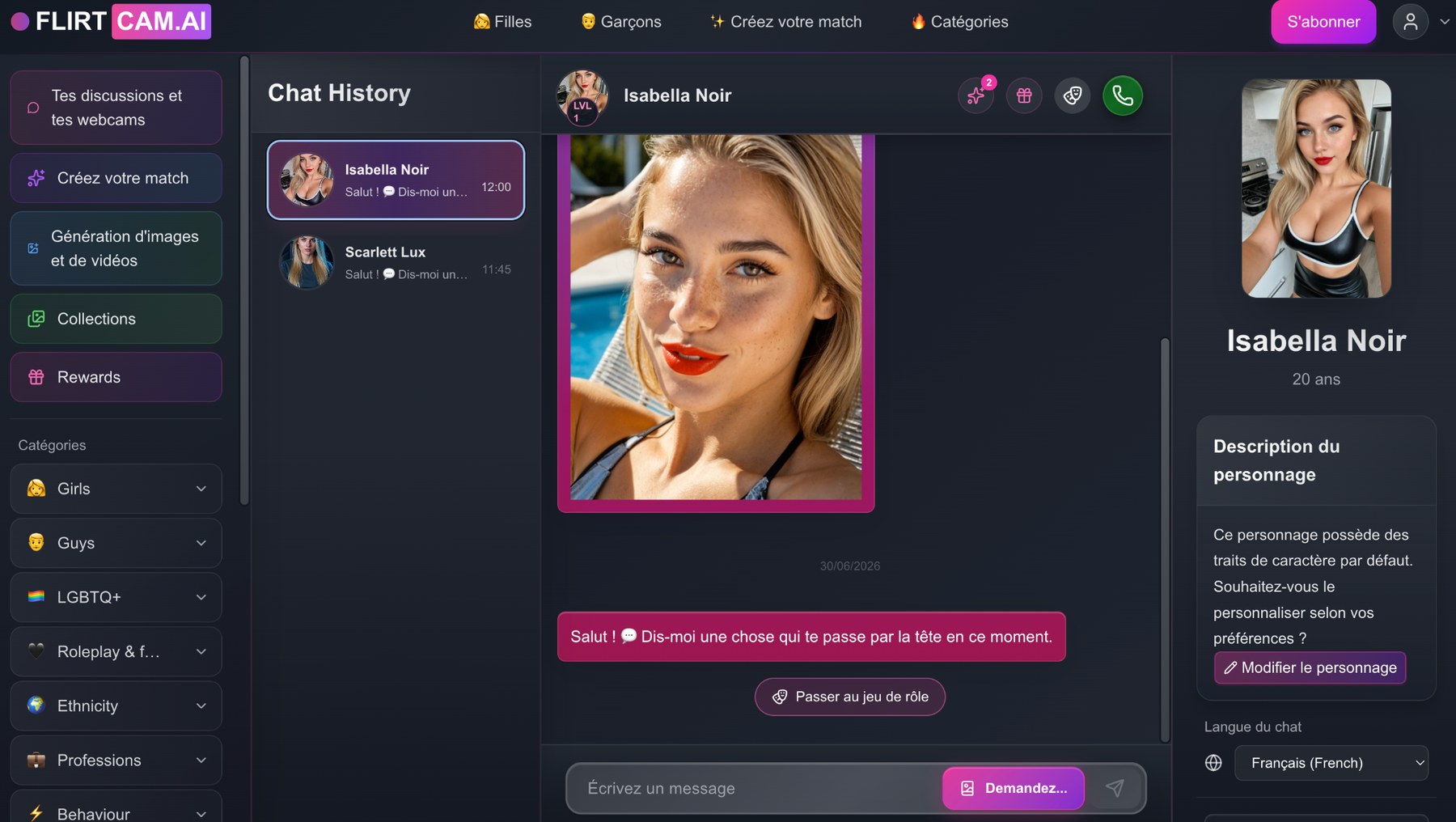 Chat FLIRTcam.AI avec Isabella Noir : historique, grand portrait et langue réglée sur le français