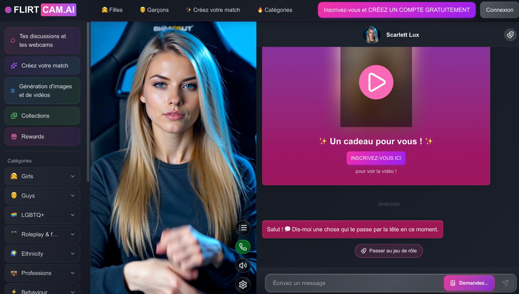 Discussion FLIRTcam.AI avec une vidéo cadeau à débloquer en s'inscrivant