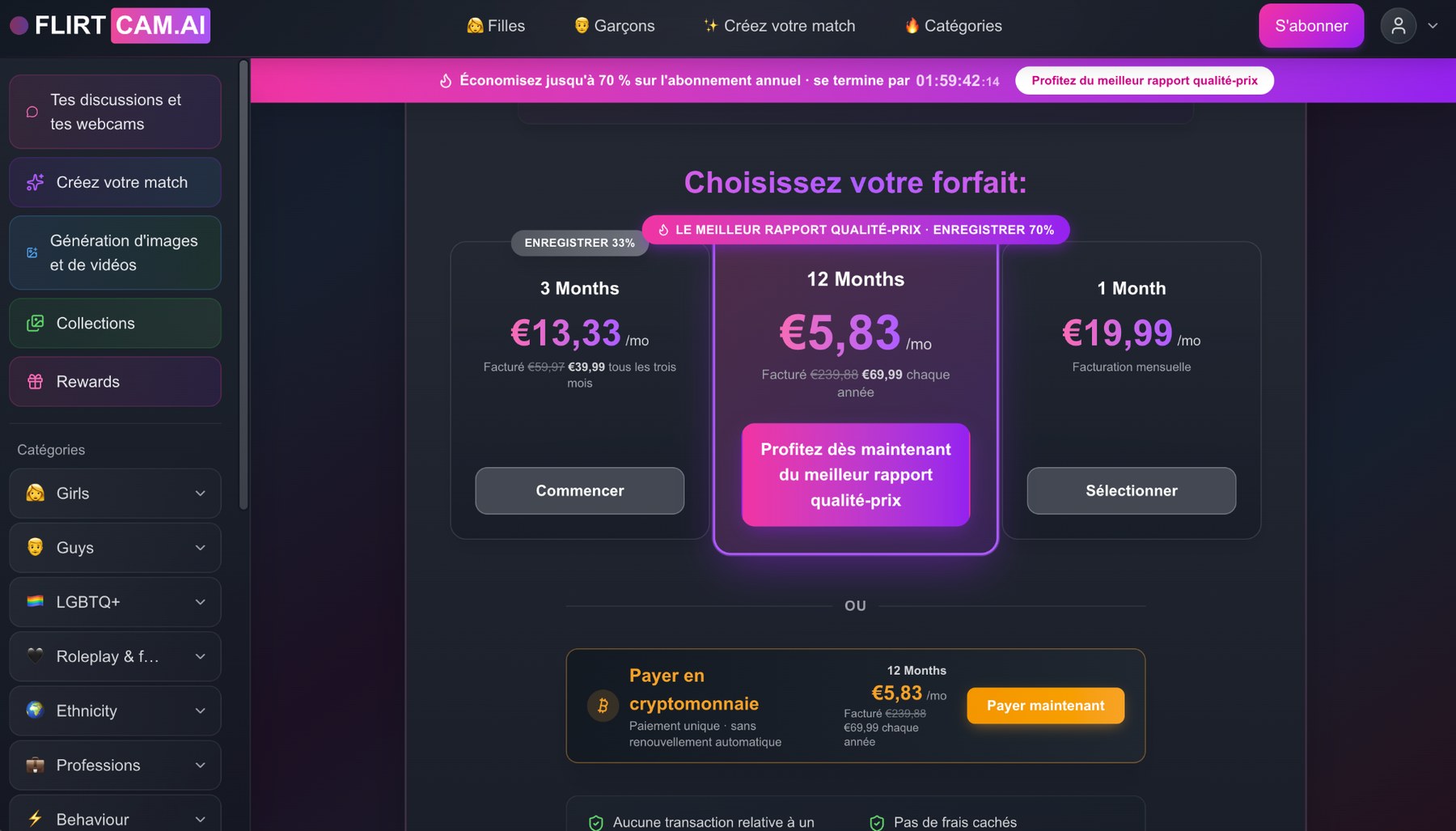 Les trois durées d'abonnement FLIRTcam.AI et l'option de paiement en cryptomonnaie